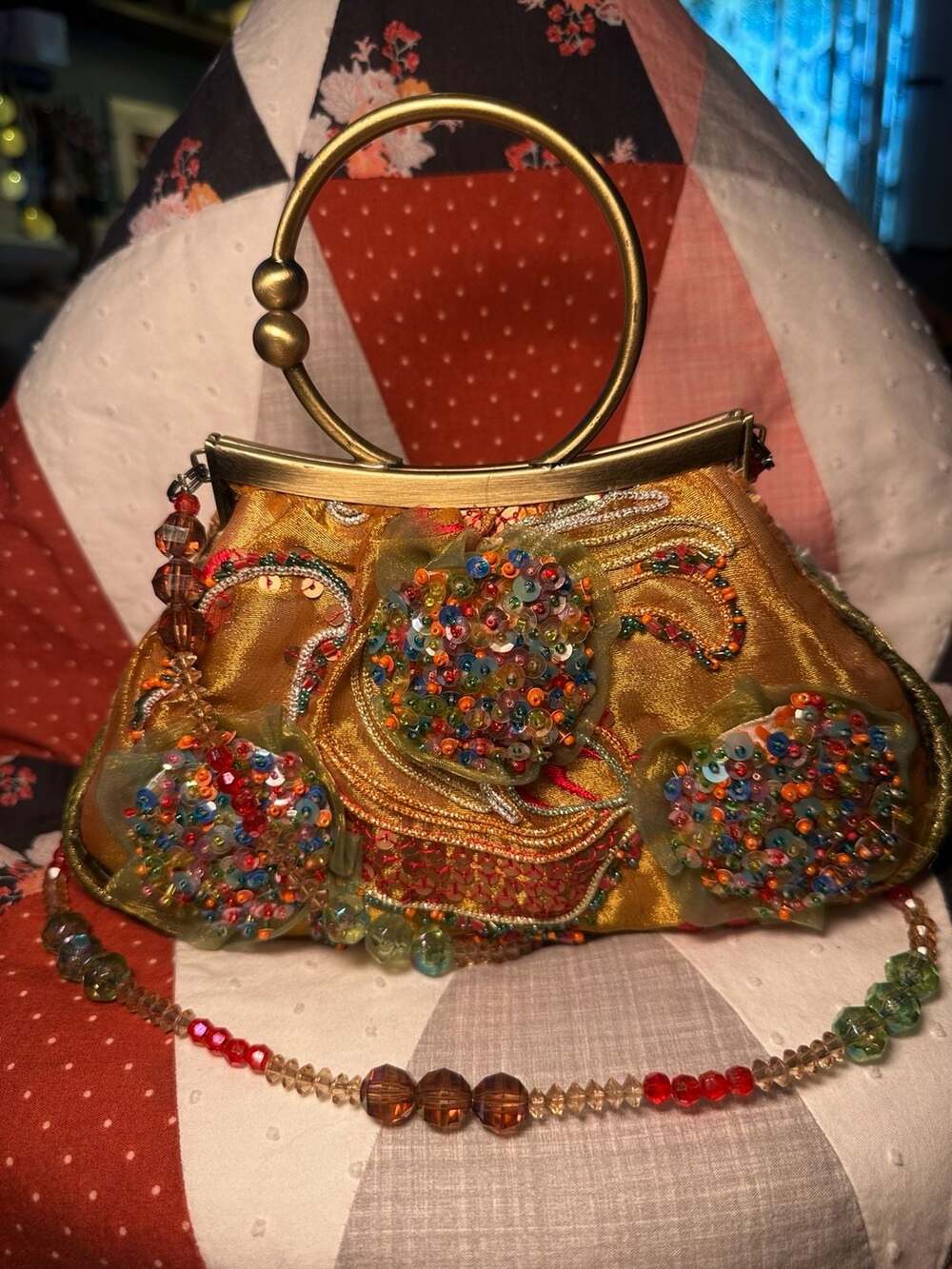 Mary Frances Vintage Beaded Sequined Gold Silk Handbag with Metal Hoop Handle